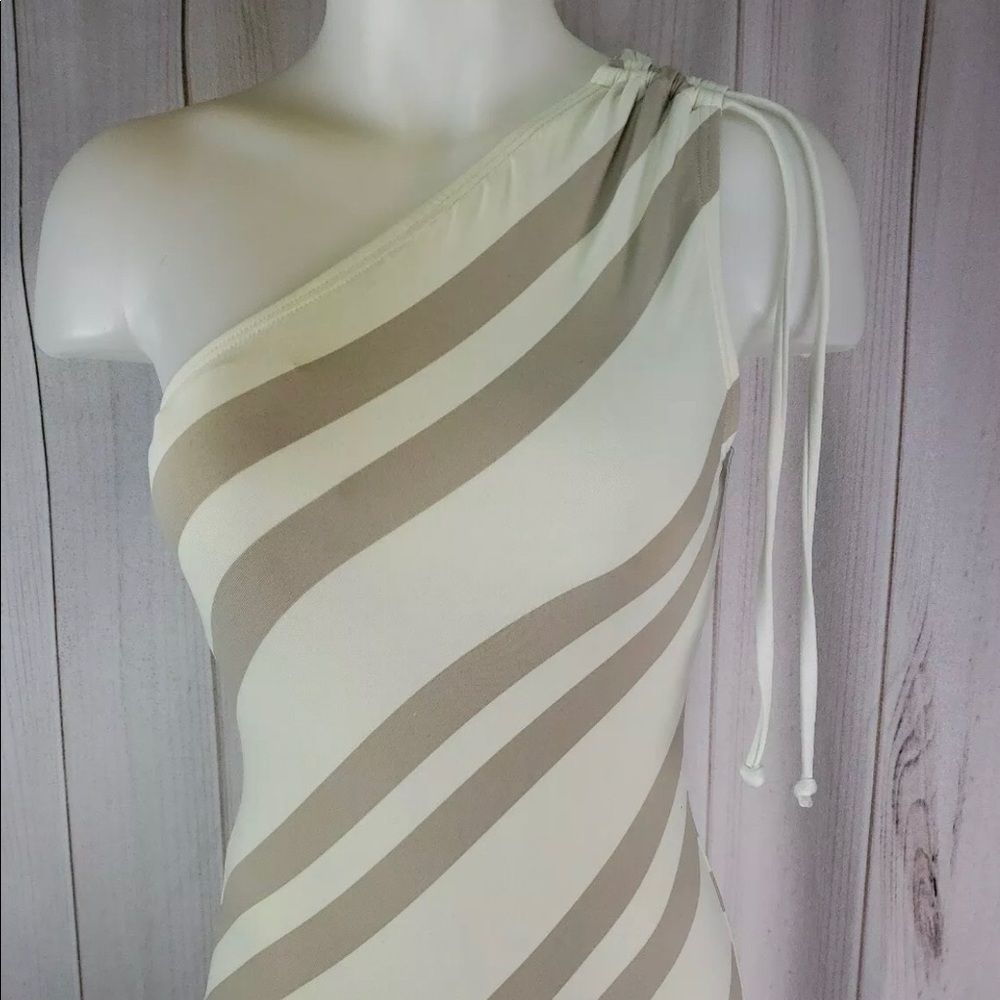 Off the shoulder one piece striped bathing suit